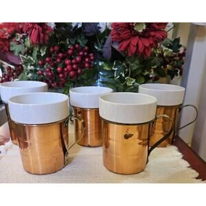 Vintage Copper Coffee Mugs Cups with Ceramic Inserts Brass Handle Set of 5 Korea